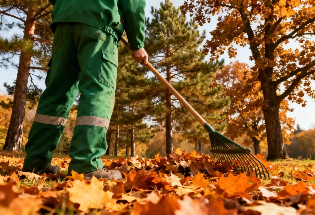 freepik a gardener in a green uniform raking autumn leaves among pine and oak goldenorange tones clear day no face visible square. 0053