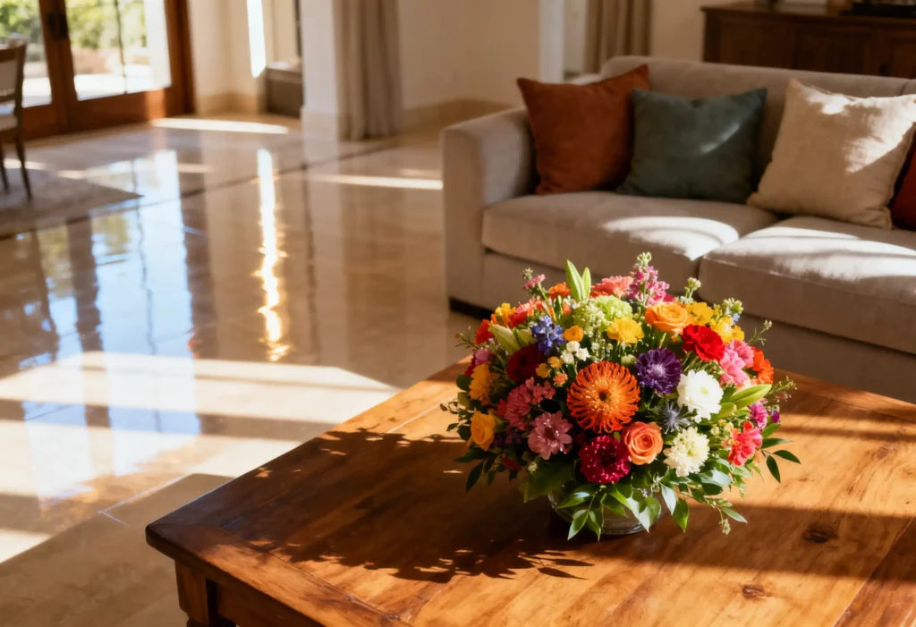 freepik bright holiday apartment lounge polished floors orderly cushions fresh floral centerpiece on table warm natural light 0021