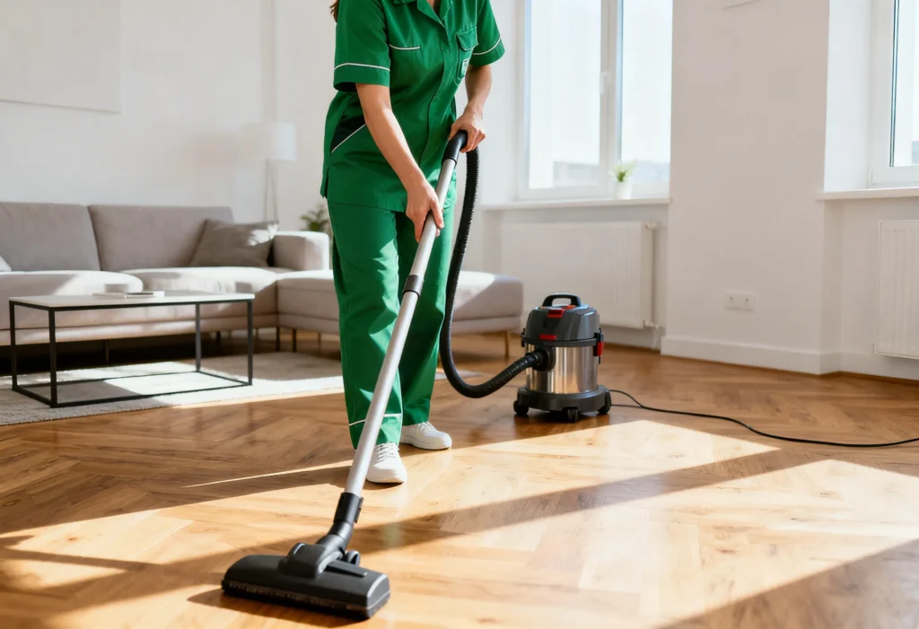 freepik cleaning woman in a green uniform using a vacuum in a sunlit modern living room wooden floors and white walls no face visible 0010