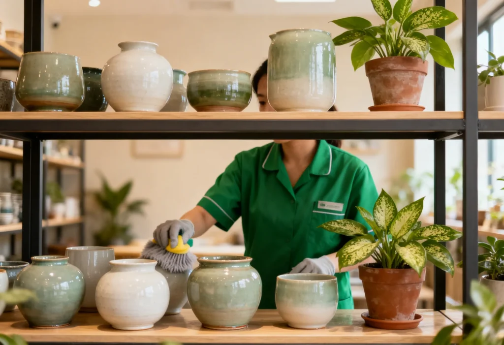 freepik cleaning woman in green uniform dusting shelf full of ceramics and potted plants tidy cozy interior no face visible square 0014