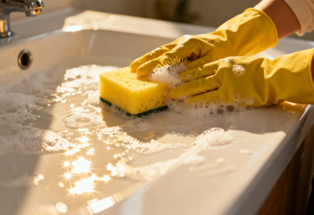 freepik closeup of a cleaning womans gloved hands wiping suds from a white bathroom sink with a yellow sponge bright natural light sparkling surface 0011