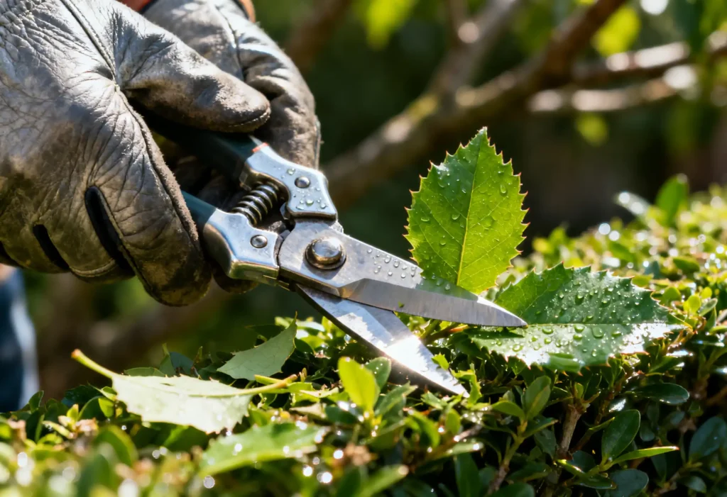freepik closeup of gloved hands using pruning shears to trim a green hedge sharp blades fresh leaves square format 0052