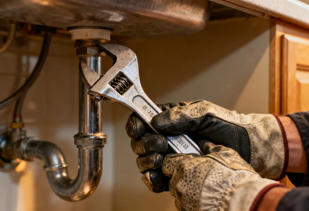 freepik closeup square shot of hands using a wrench under a kitchen sink highquality sharp focus textured gloves 0006