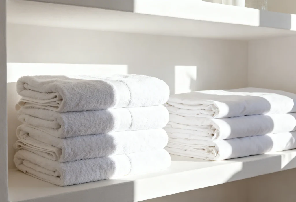freepik crisp white towels and bed linen neatly stacked on shelf in a clean sunlit holiday rental interior welcoming square 0017