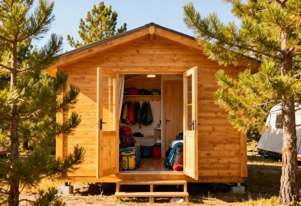 freepik exterior of a clean wooden camping bungalow among pine trees on a sunny day open door revealing tidy interior square format 0019