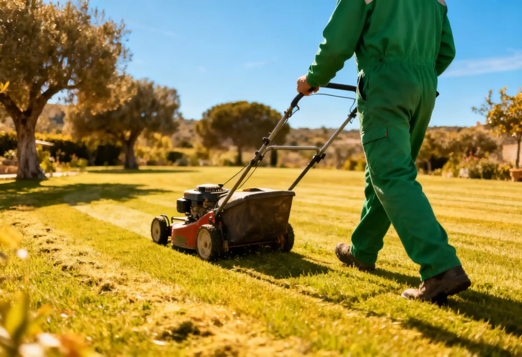 freepik gardener in green uniform pushing mower across a manicured lawn in sunny mediterranean countryside trees and blue sky no face visible 0051