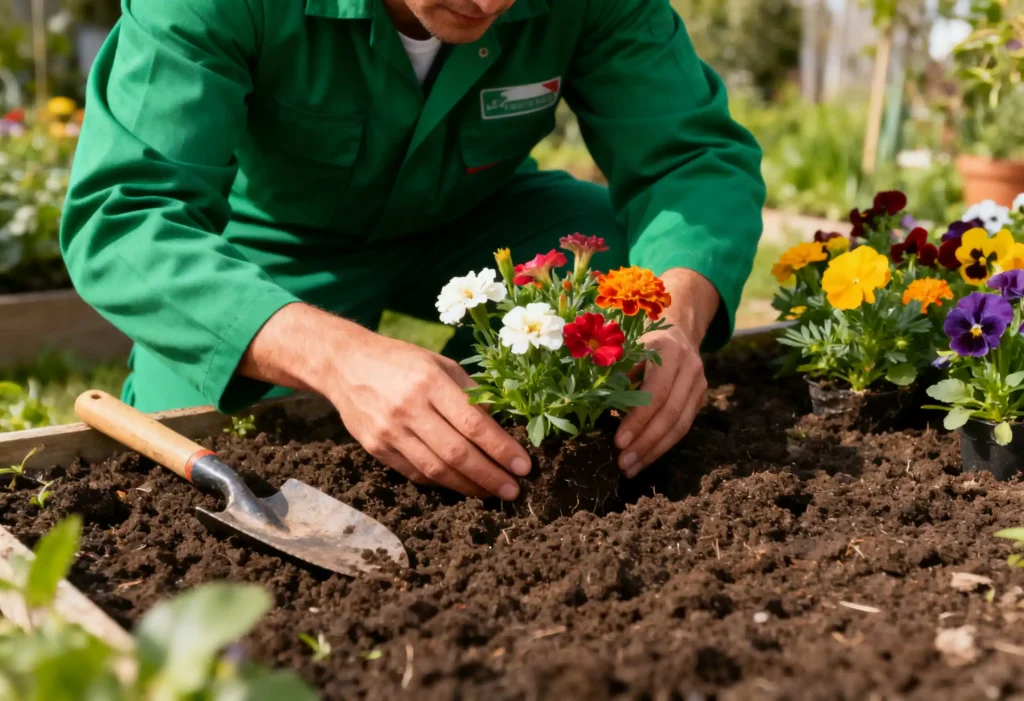 freepik greenuniformed gardener arranging flowering plants in fertile soil hand tools nearby face not visible sharp square composition 0055