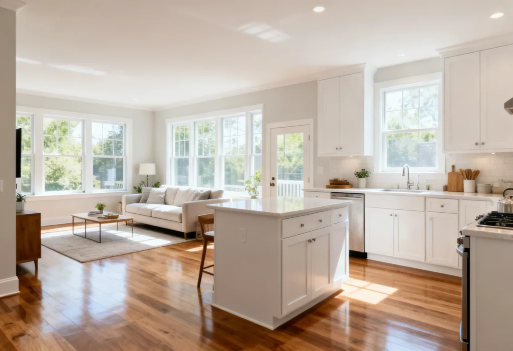 freepik immaculate openplan living room and kitchen postcleaning bright natural light through large windows white cabinetry warm wood floors 0015