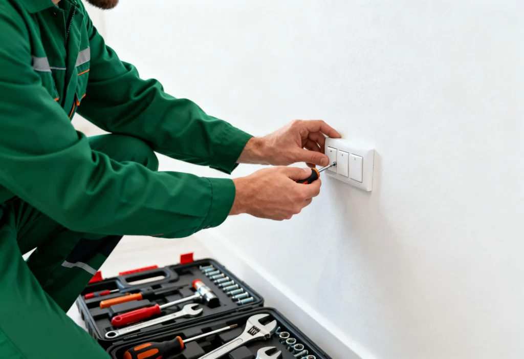 freepik maintenance worker in green uniform repairing a light switch on a white wall professional tools laid out no face visible 0007