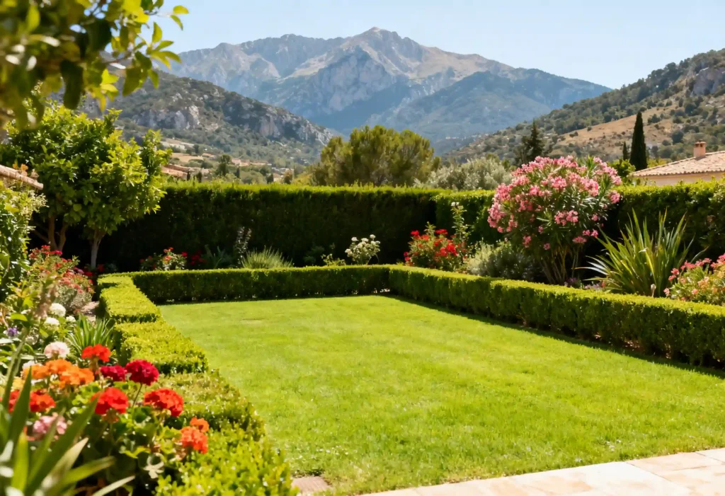freepik professional photo realistic. a beautifully maintained private garden with neat lawn trimmed hedges and colorful flowering plants. mediterranean or pyrenean landscape in the background. n 0054