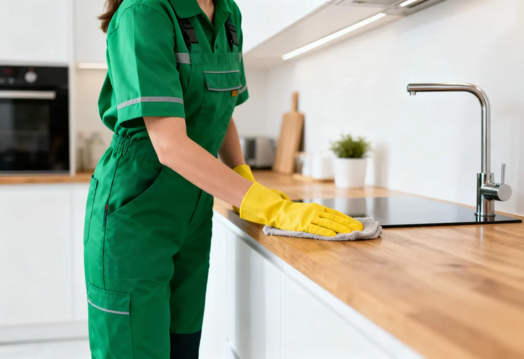 freepik professional photo realistic. a cleaning woman in a green uniform wiping kitchen countertops in a bright modern kitchen. clean surfaces white and wood tones natural light. no face visible 0012