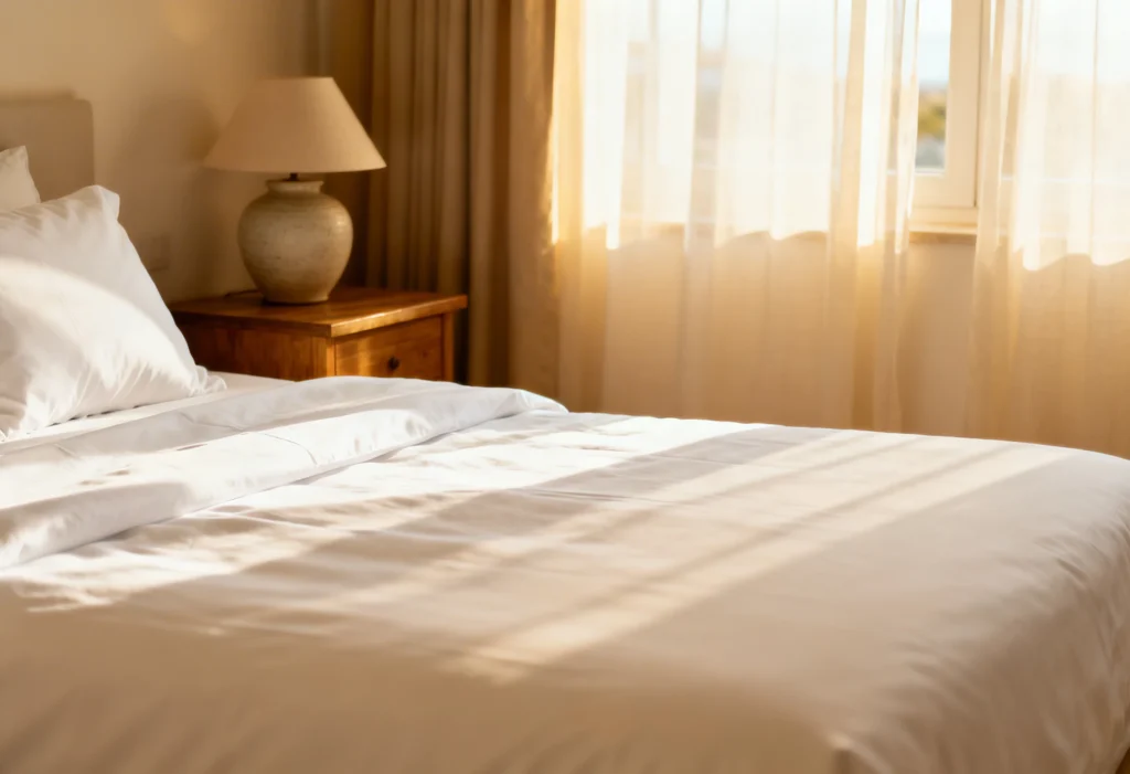 freepik professional photo realistic. a holiday apartment bedroom with a freshly made bed with crisp white linen just delivered by a laundry service. warm light welcoming and clean atmosphere. no 0062 freepik professional photo realistic. a holiday apartment bedroom with a freshly made bed with crisp white linen just delivered by a laundry service. warm light welcoming and clean atmosphere. no 0062