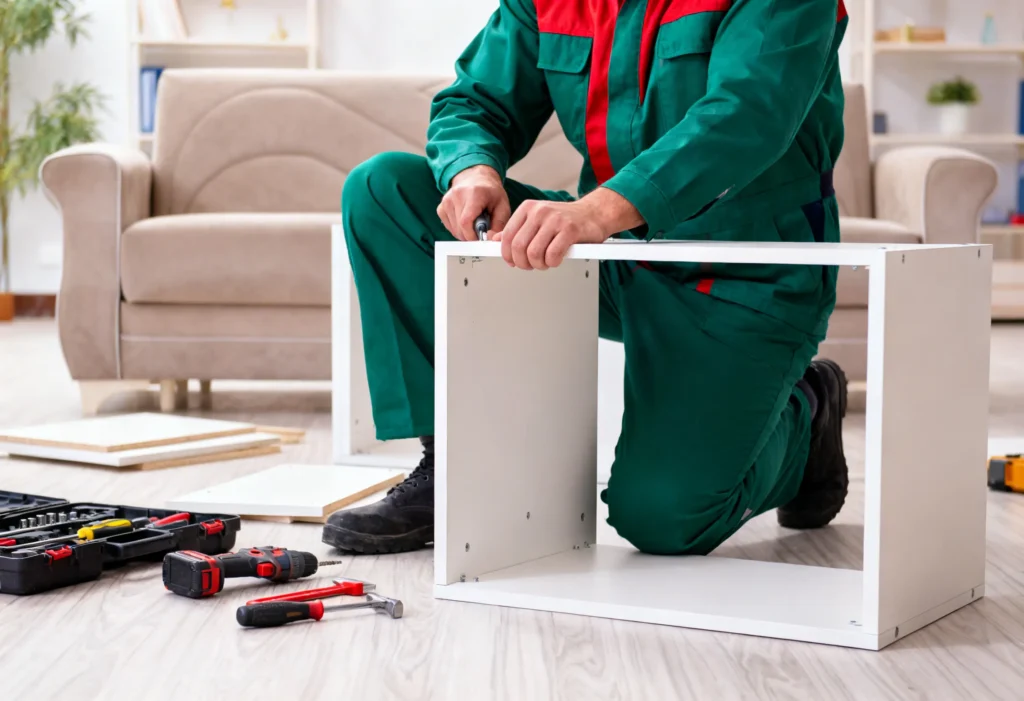 freepik professional photo realistic. a maintenance worker in a green uniform assembling flatpack furniture in a bright modern living room. tools on the floor. no face visible. high quality sharp 0008