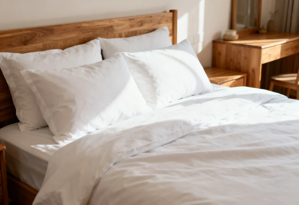 freepik professional photo realistic. a neatly made bed with fresh white linen and plump pillows in a bright cozy bedroom. warm natural light wooden furniture no people. high quality sharp focus. 0013