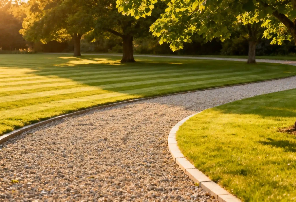 freepik rural campsite garden precisely mowed lawn swept gravel paths vibrant healthy trees warm sunny atmosphere 0056