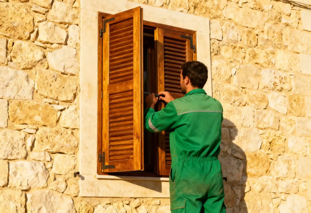 freepik sunlit mediterranean wall with a worker in green uniform adjusting an outdoor shutter face not visible clear sharp focus square 0009