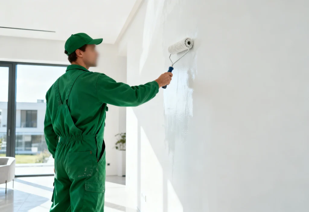 freepik worker in green overalls painting interior white wall with roller sunlit modern home face obscured highresolution sharpness 0005